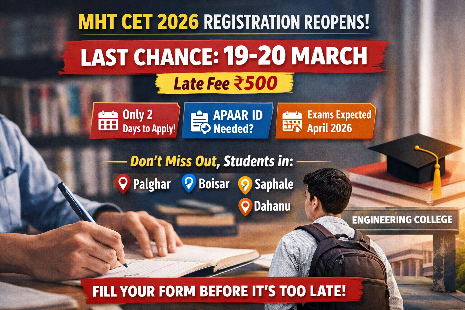 MHT CET 2026 Registration Reopens on 19–20 March (Late Fee) – Important Update for Palghar, Saphale, Boisar & Dahanu Students